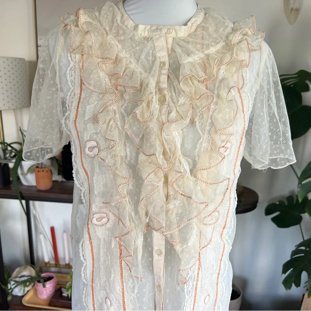 Free People Elegant Cream Lace Ruffle Top S - Picture 7 of 16